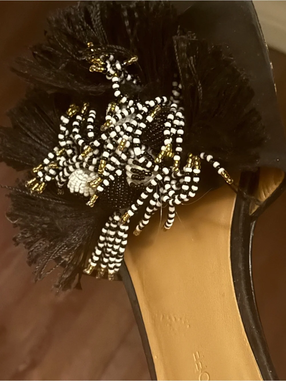 Rebecca Minkoff Black Slide Sandals with White Beaded Floral Accents